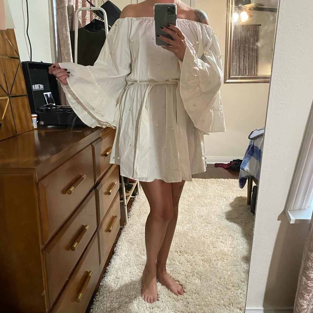 Nasty Gal White Dress with Pearl Accents